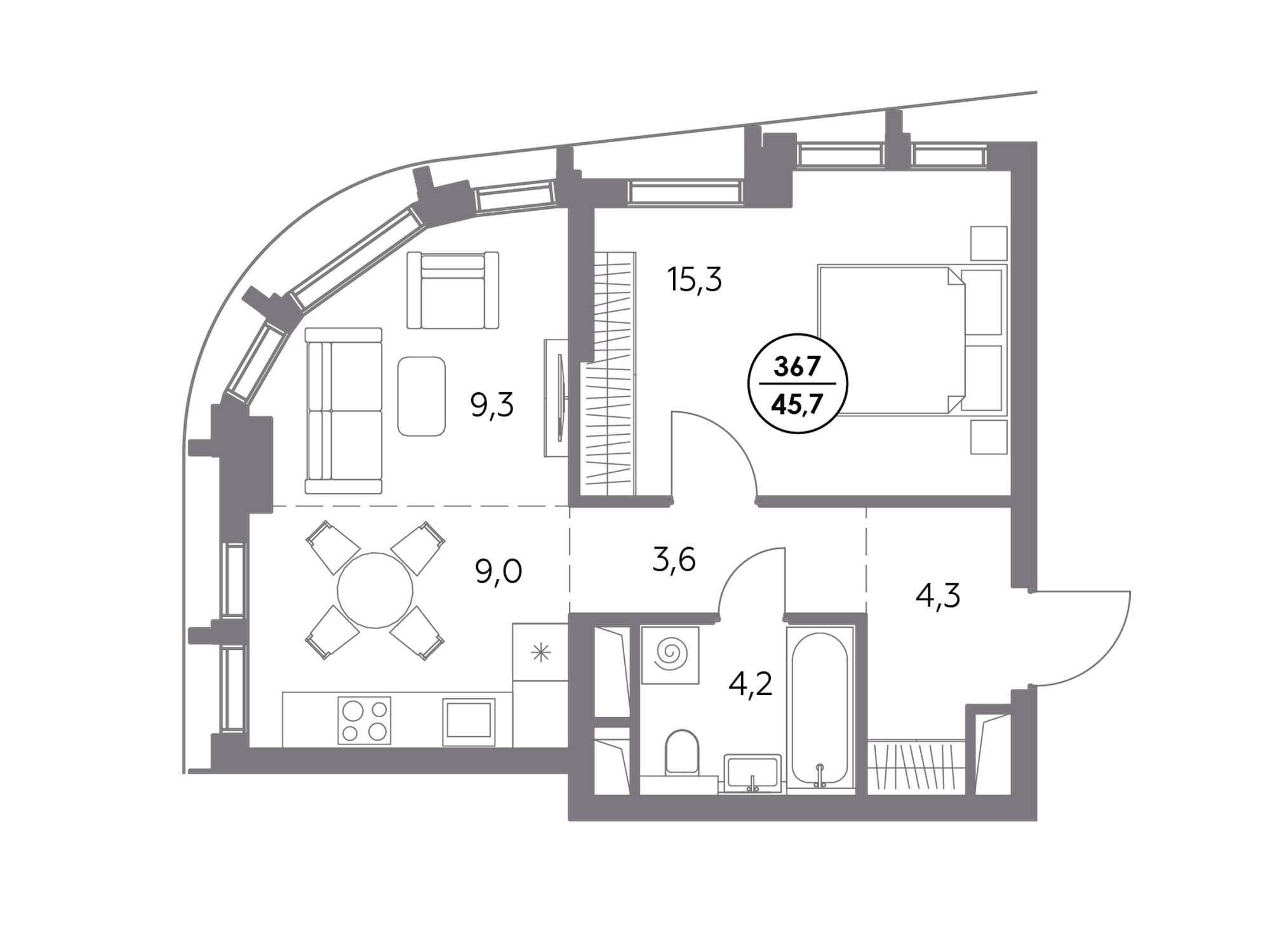 Планировка: 1-комн. квартира 45.70 м² в новостройке Дом 56