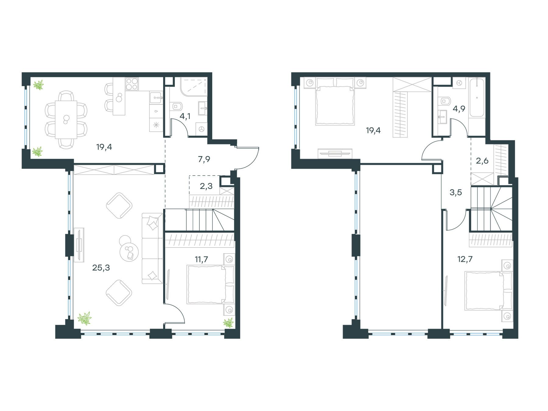 Планировка: 4-комн. квартира 113.80 м² в новостройке Левел Южнопортовая