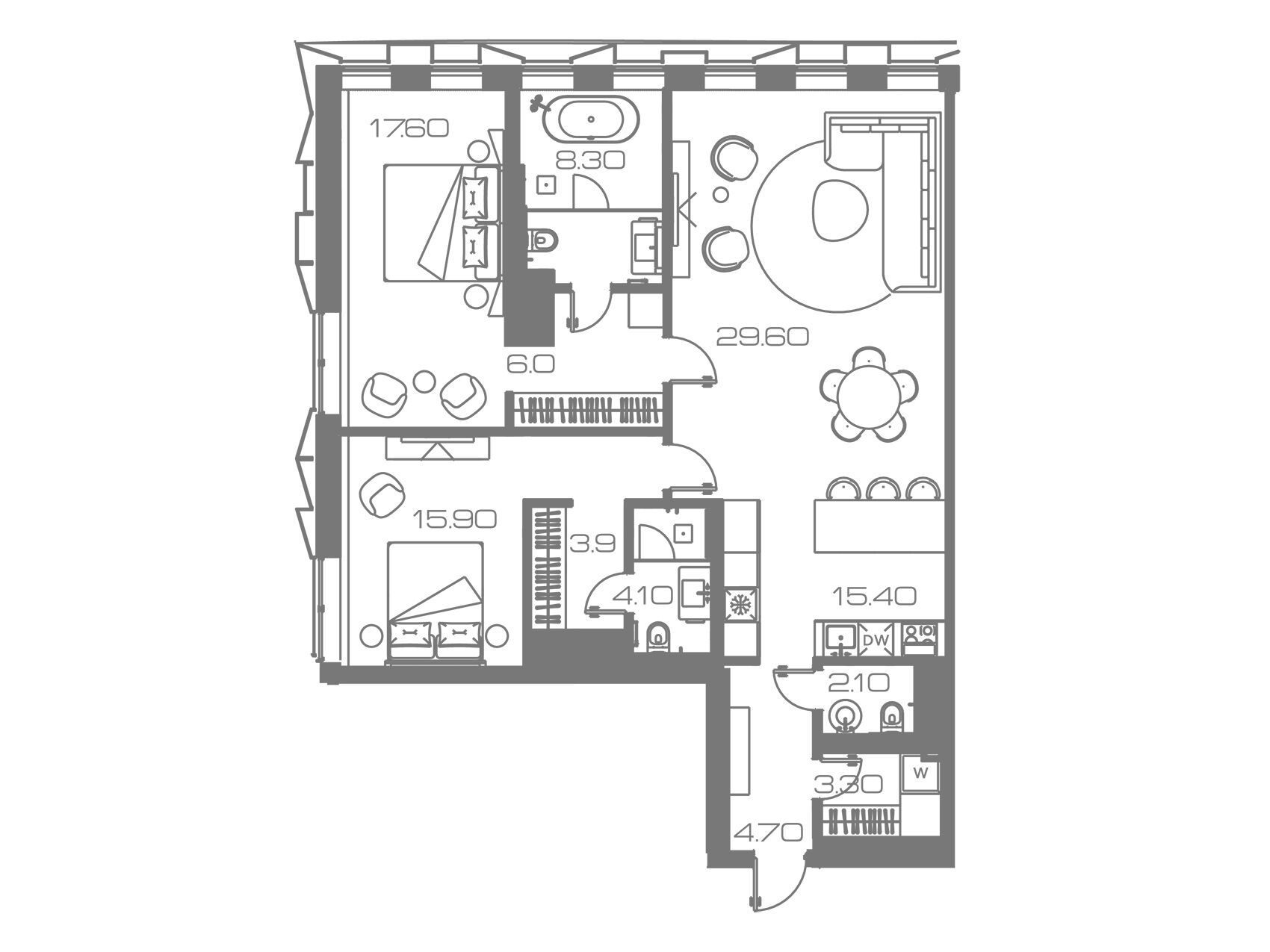 Планировка: 2-комн. квартира 112.60 м² в новостройке Лунар
