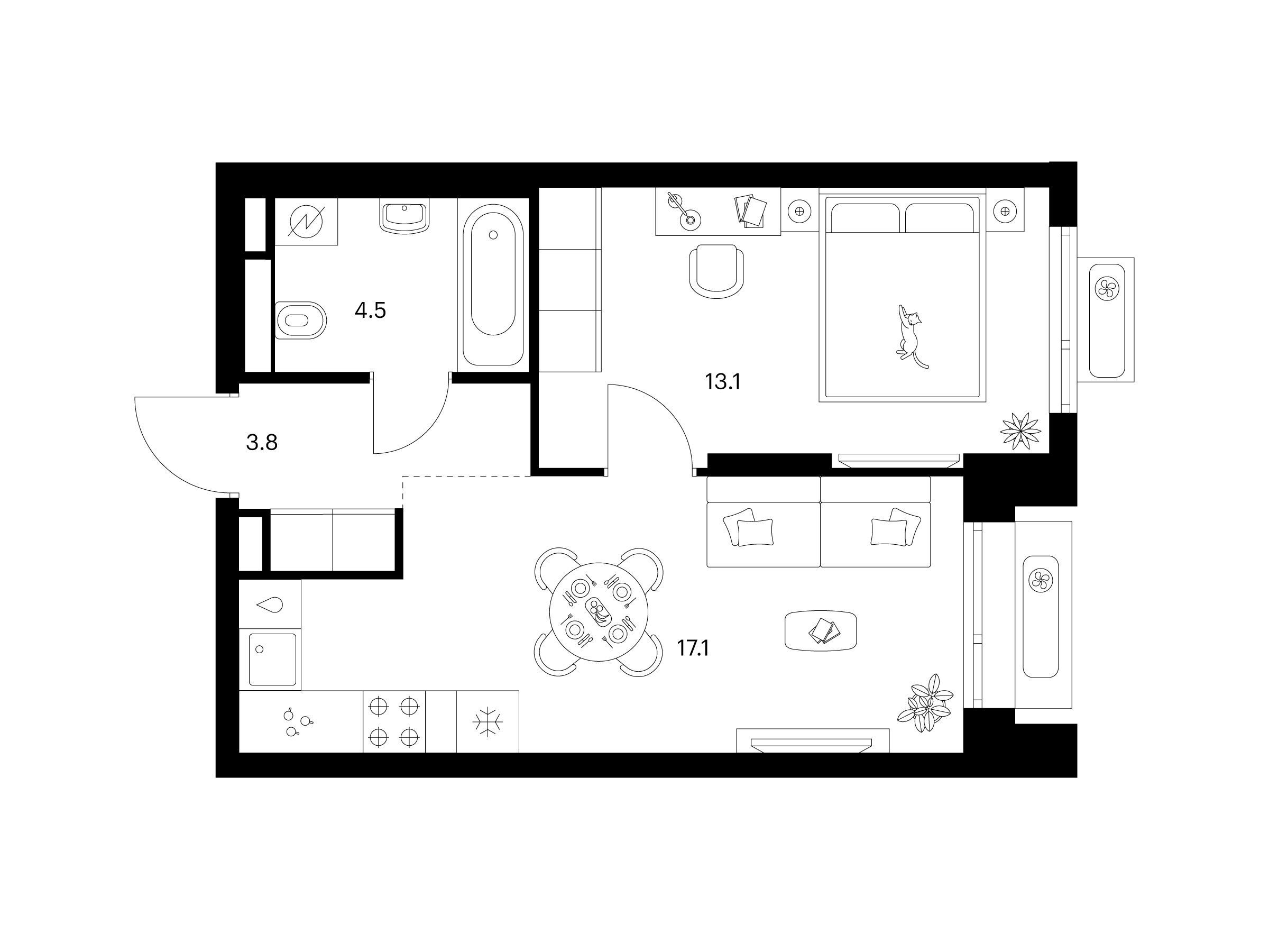 Планировка: 1-комн. квартира 38.50 м² в новостройке Середневский лес