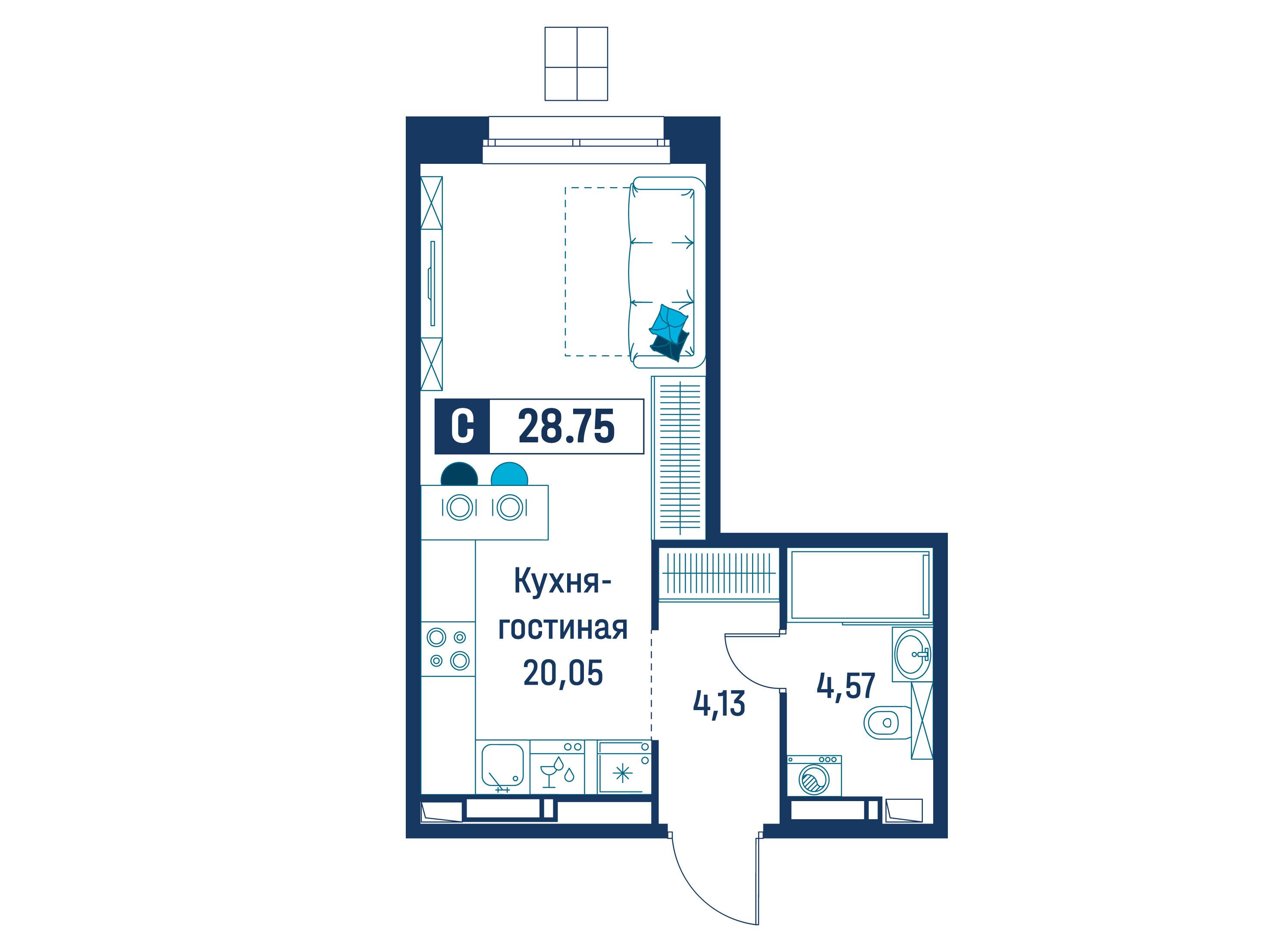 Планировка: Студия 28.75 м² в новостройке Символист