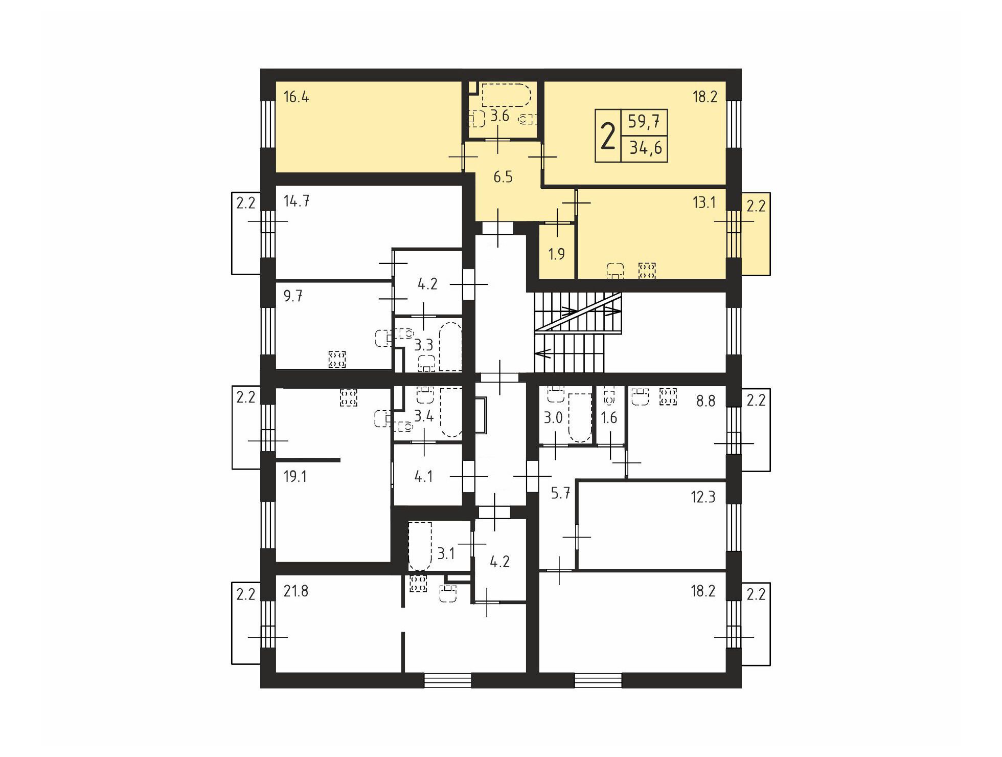 Планировка: 2-комн. квартира 59.70 м² в новостройке Щегловская усадьба