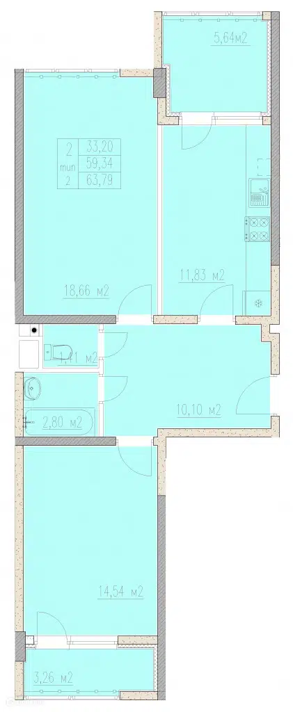Планировка: 2-комн. квартира 63.79 м² в новостройке Агой-парк
