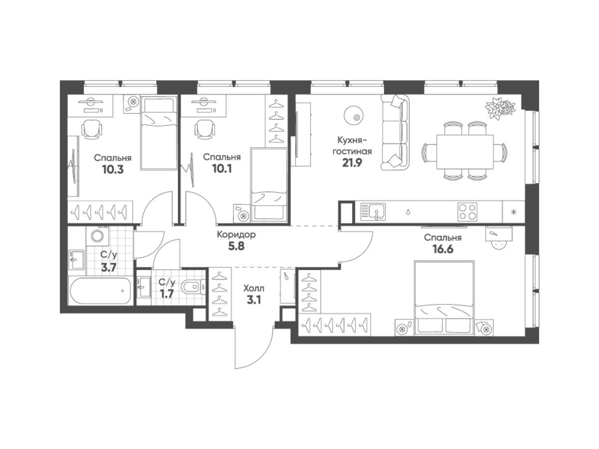 Планировка: 3-комн. квартира 73.20 м² в новостройке ЖК Соколинн Парк