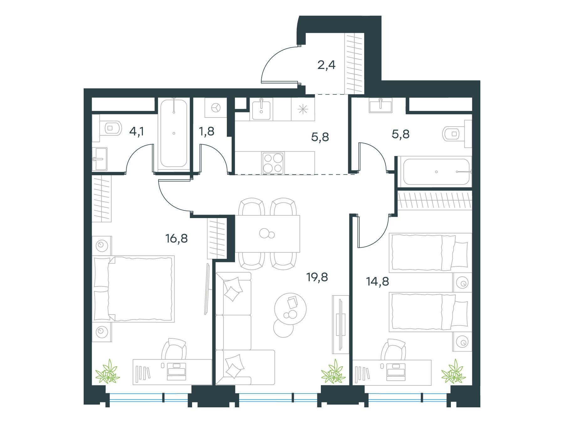 Планировка: 3-комн. квартира 71.30 м² в новостройке Левел Академическая