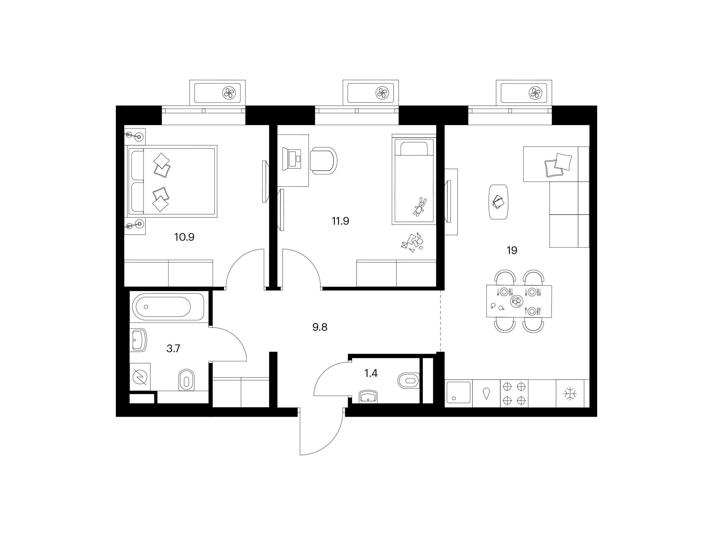 Планировка: 2-комн. квартира 56.70 м² в новостройке Люблинский парк