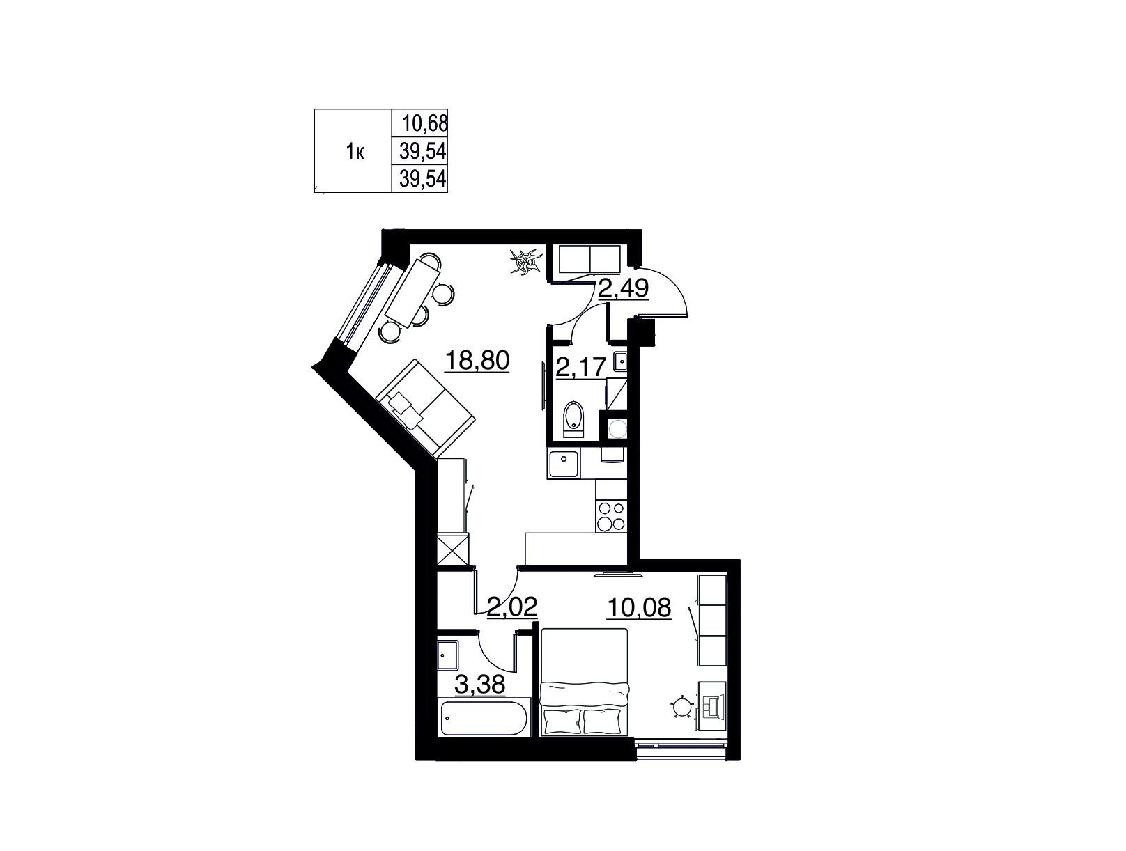 Планировка: 1-комн. квартира 39.54 м² в новостройке Соло.Петергоф