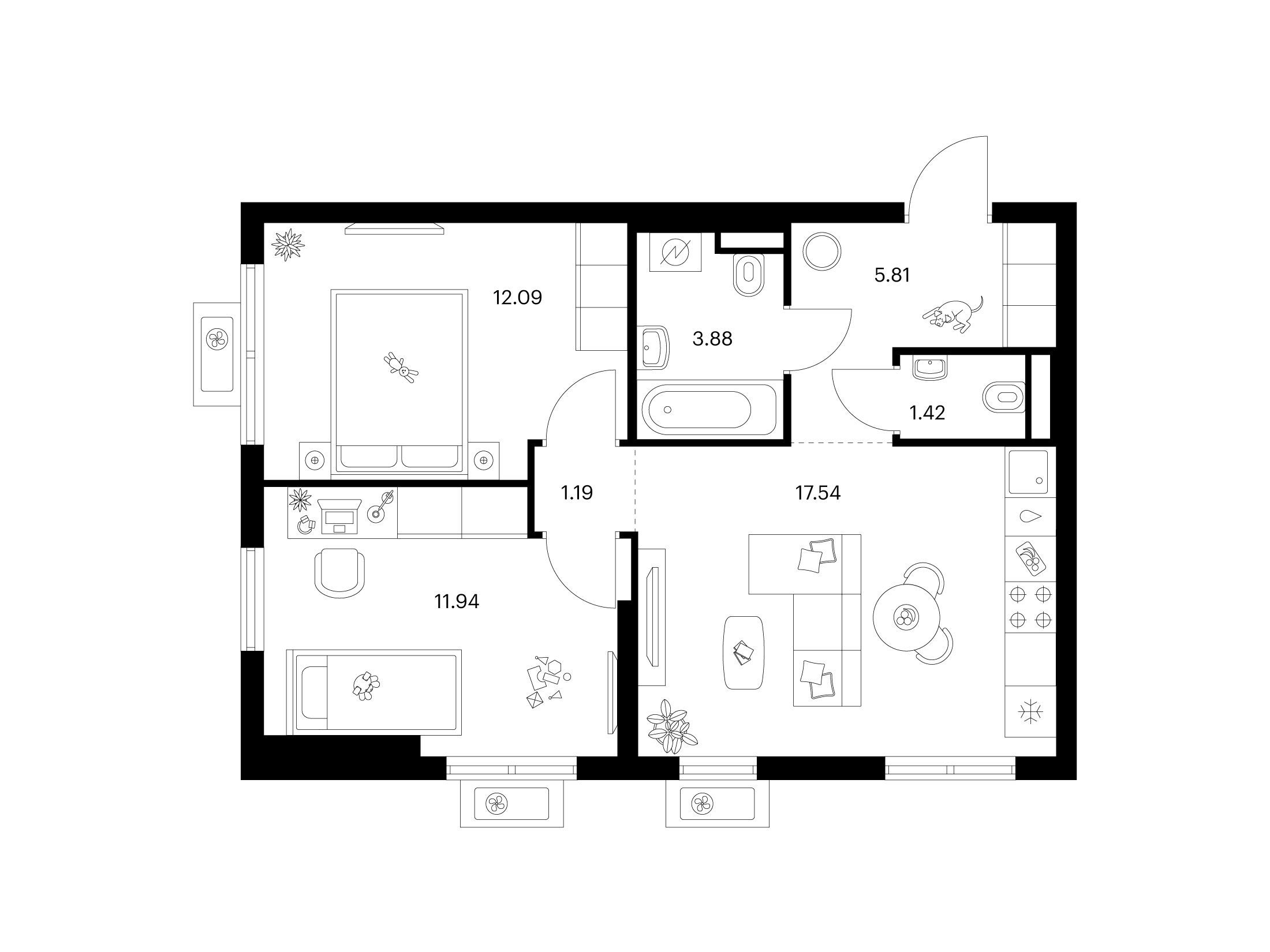 Планировка: 2-комн. квартира 53.87 м² в новостройке Заречный парк