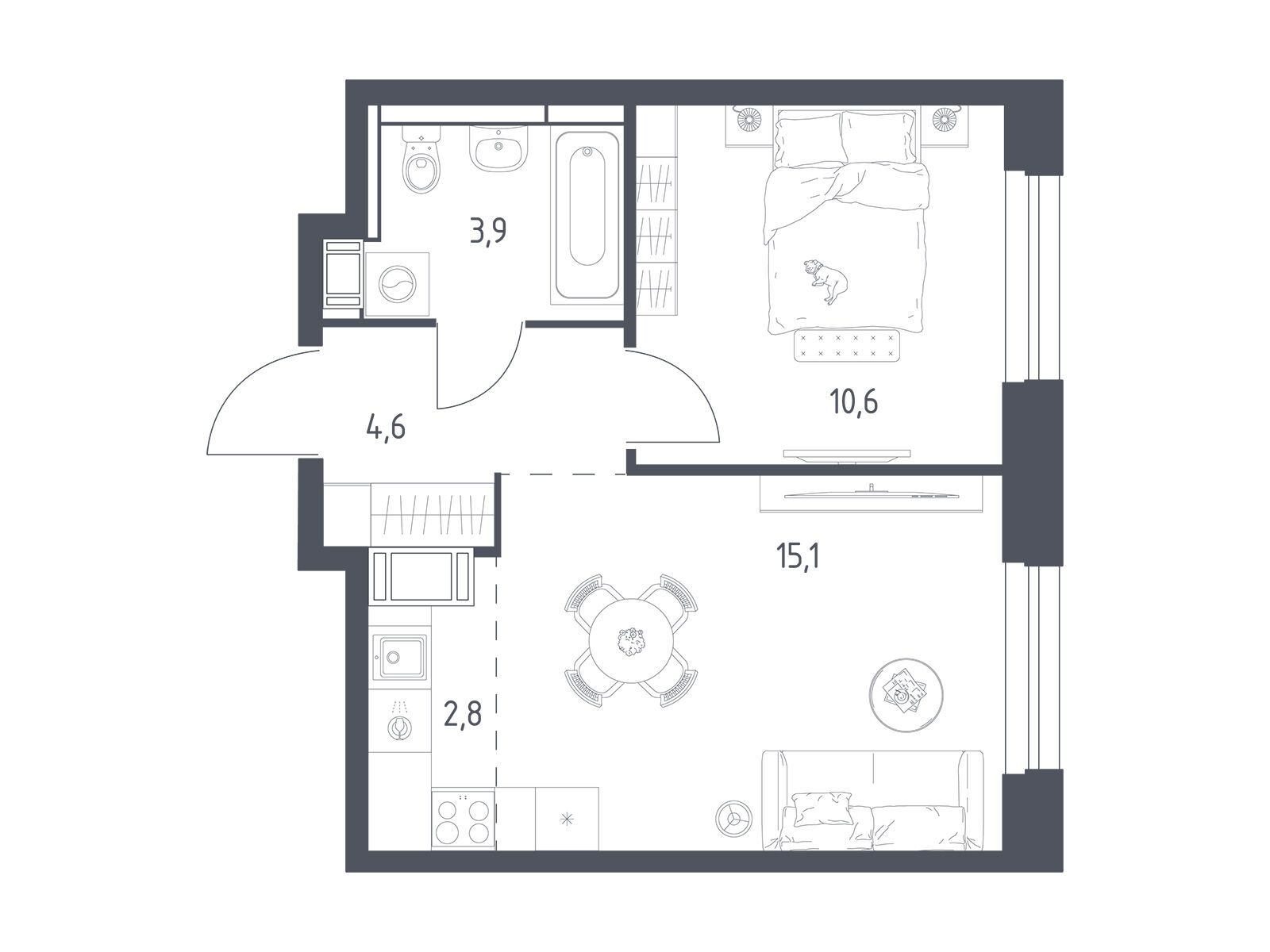 Планировка: 1-комн. квартира 36.30 м² в новостройке Мытищи Парк