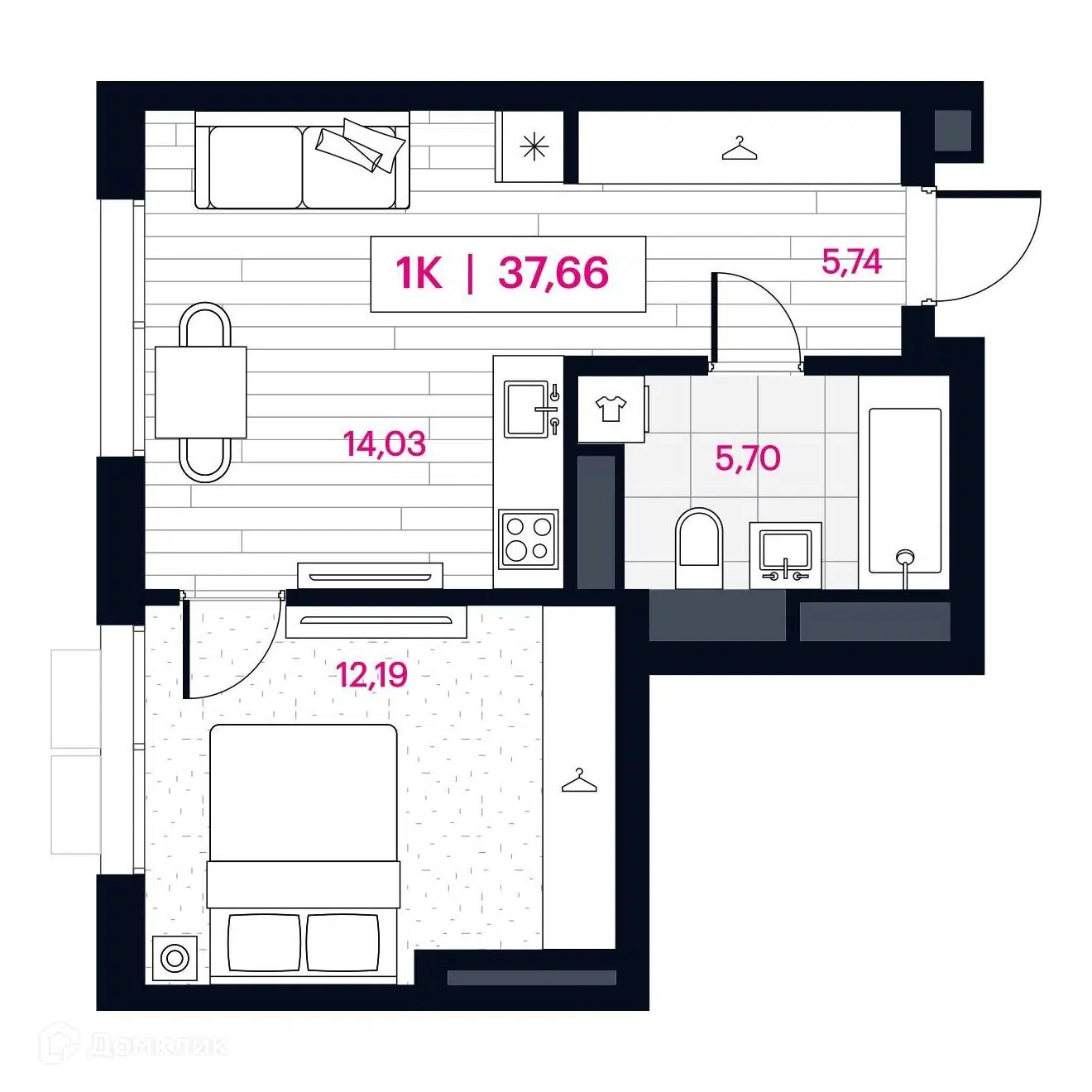 Планировка: 1-комн. квартира 37.66 м² в новостройке Пушкина