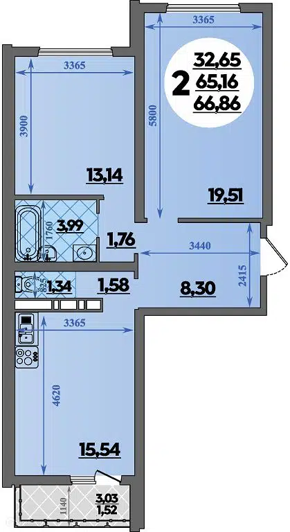 Планировка: 2-комн. квартира 66.68 м² в новостройке Город у моря