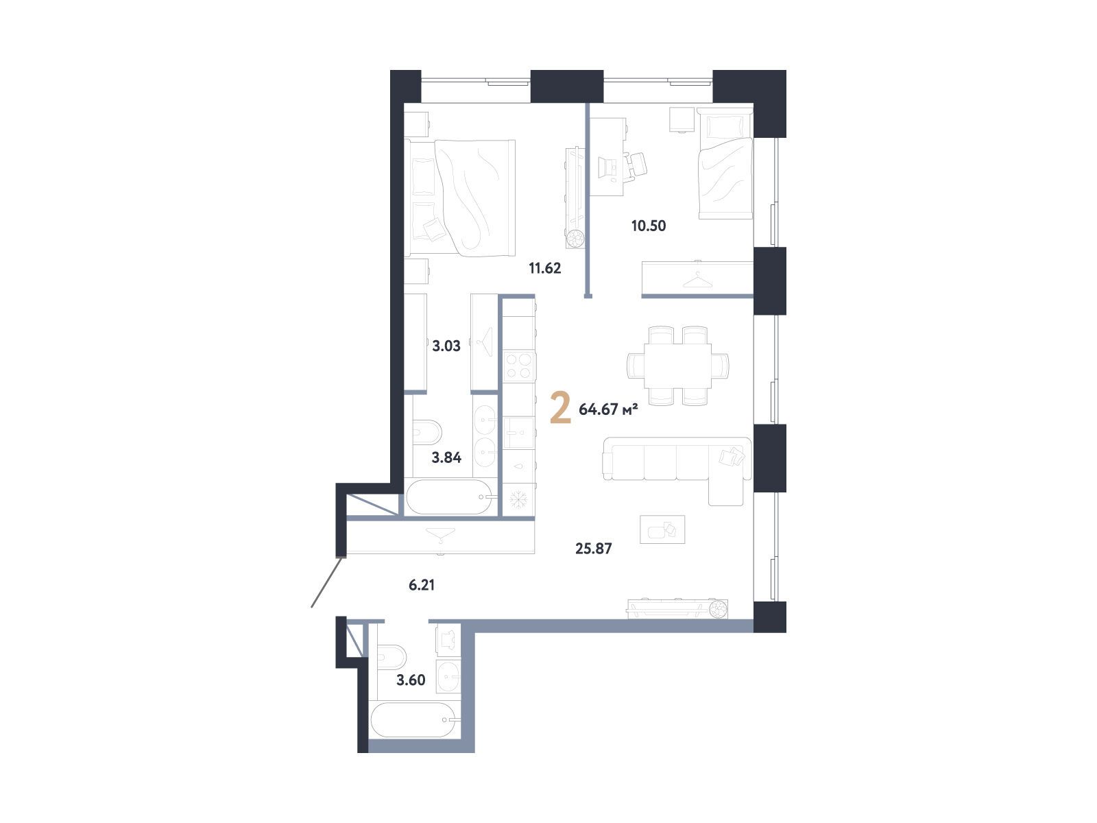 Планировка: 2-комн. квартира 64.67 м² в новостройке Репаблик