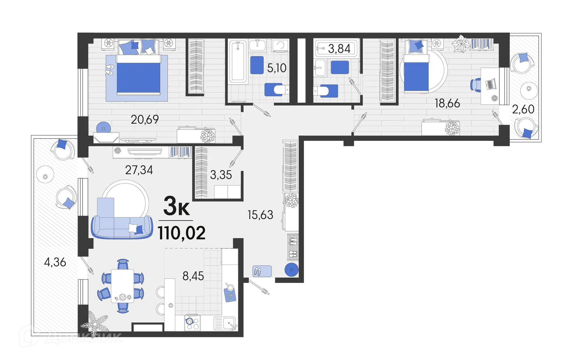 Планировка: 3-комн. квартира 112.10 м² в новостройке Белые Росы