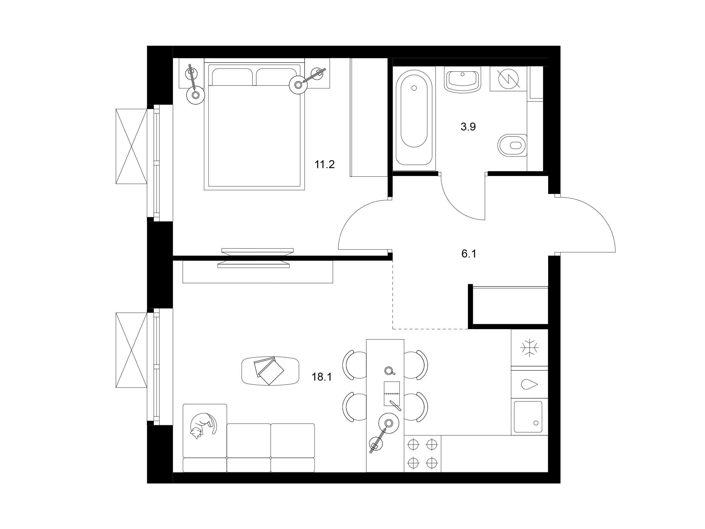 Планировка: 1-комн. квартира 39.30 м² в новостройке Люблинский парк