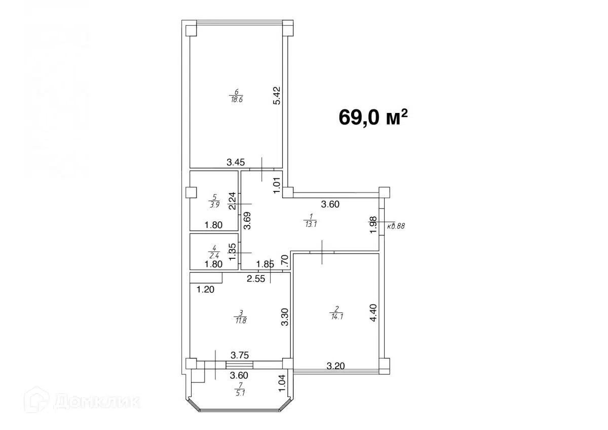 Планировка: 2-комн. квартира 69.00 м² в новостройке Квартал Лета