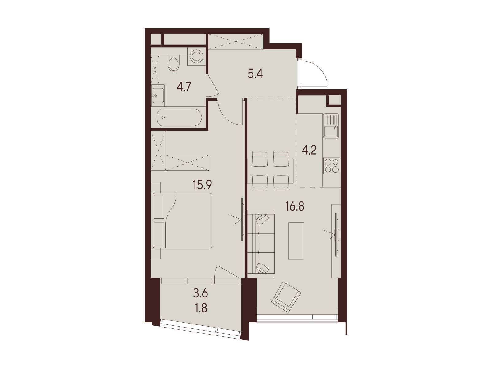 Планировка: 1-комн. квартира 48.80 м² в новостройке ЖК Инди Тауэрз