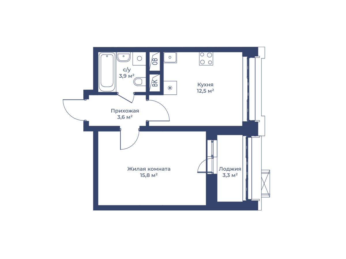 Планировка: 1-комн. квартира 37.50 м² в новостройке Цветочный Город