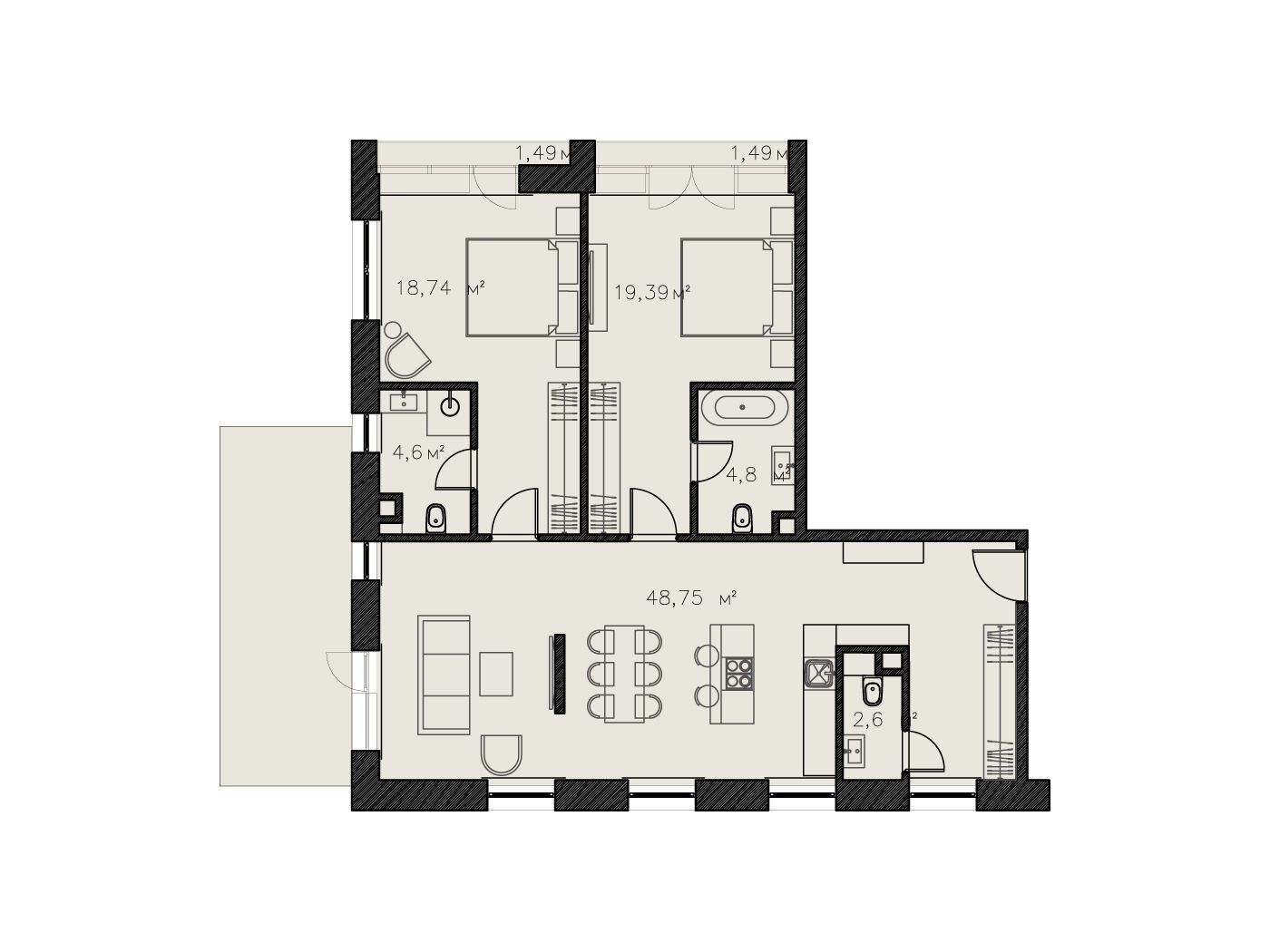 Планировка: 3-комн. квартира 102.50 м² в новостройке Досфлота, 10