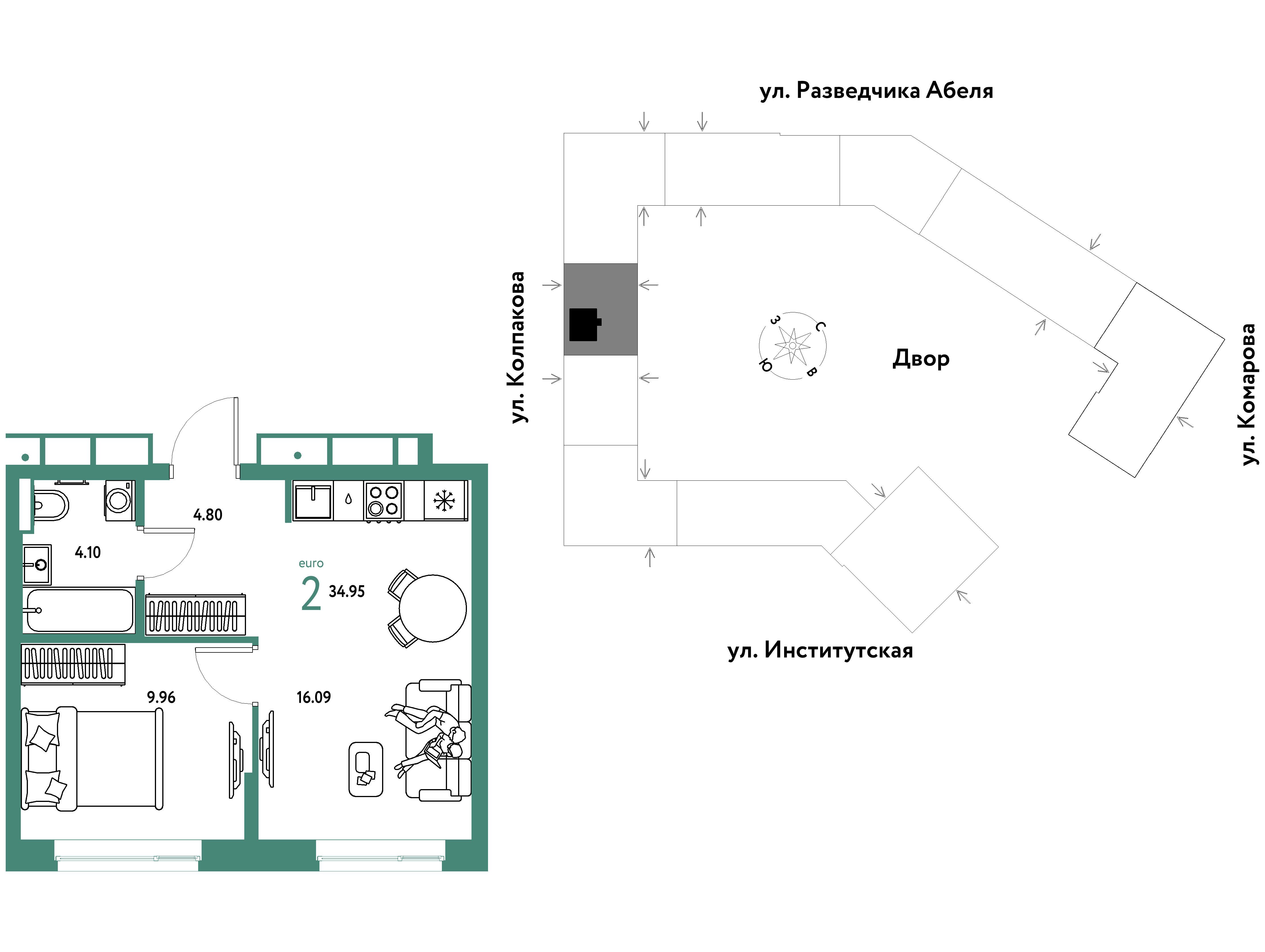 Планировка: 2-комн. квартира 34.95 м² в новостройке Страна Парковая