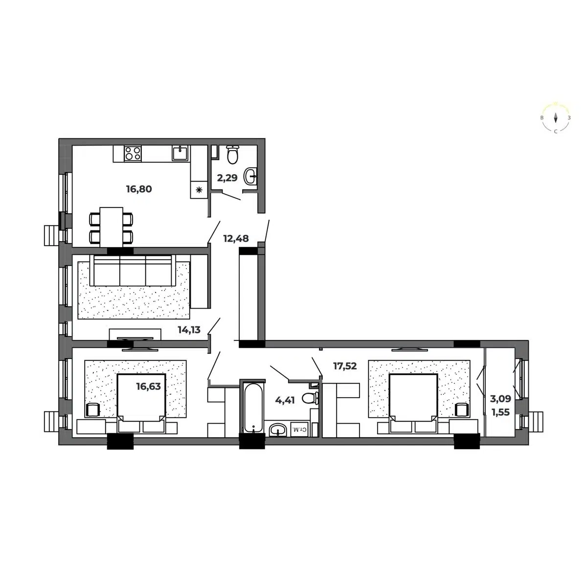 Планировка: 3-комн. квартира 85.81 м² в новостройке Красный Пахарь
