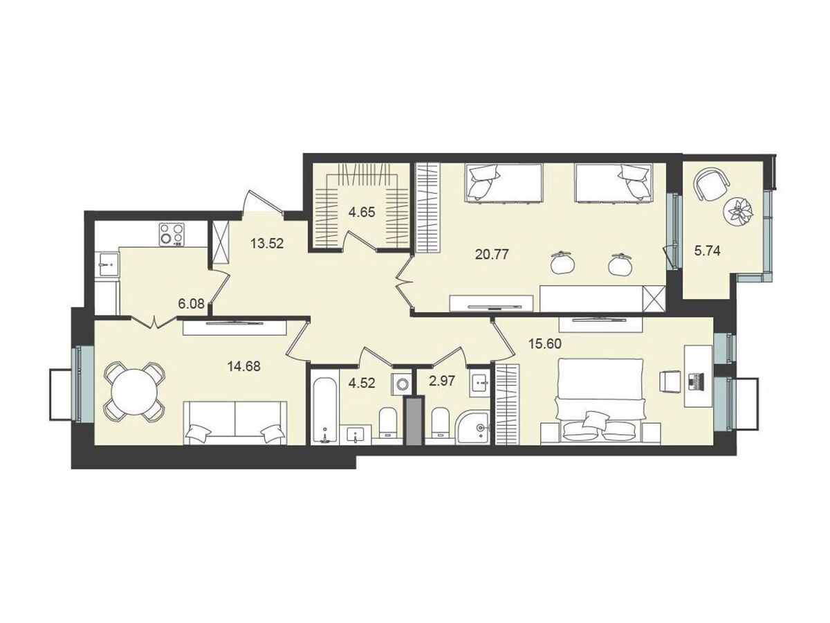 Планировка: 2-комн. квартира 86.03 м² в новостройке Мишино-2