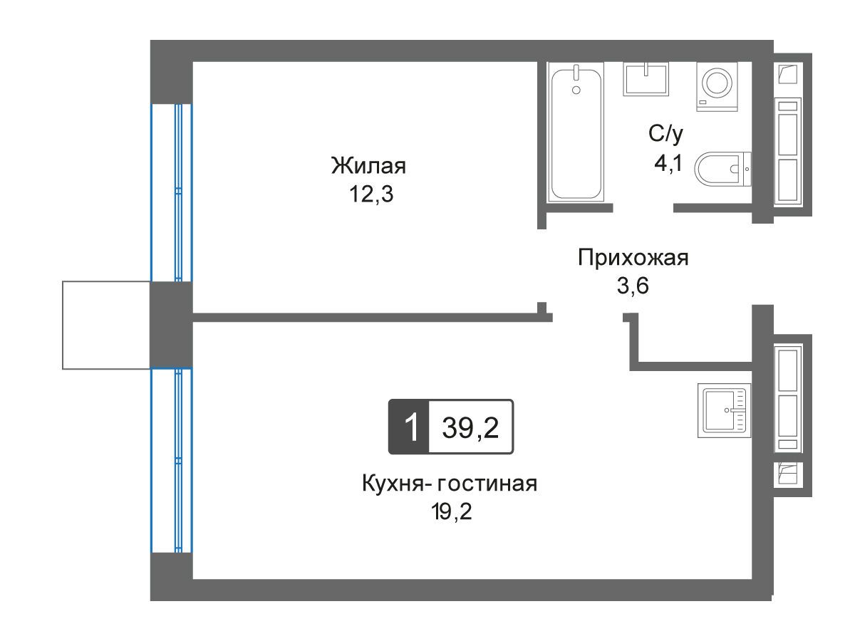 Планировка: 1-комн. квартира 39.20 м² в новостройке Отрада