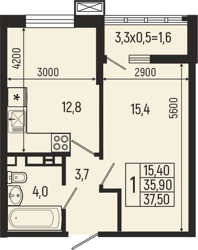 Планировка: 1-комн. квартира 37.50 м² в новостройке ЖК Звезды