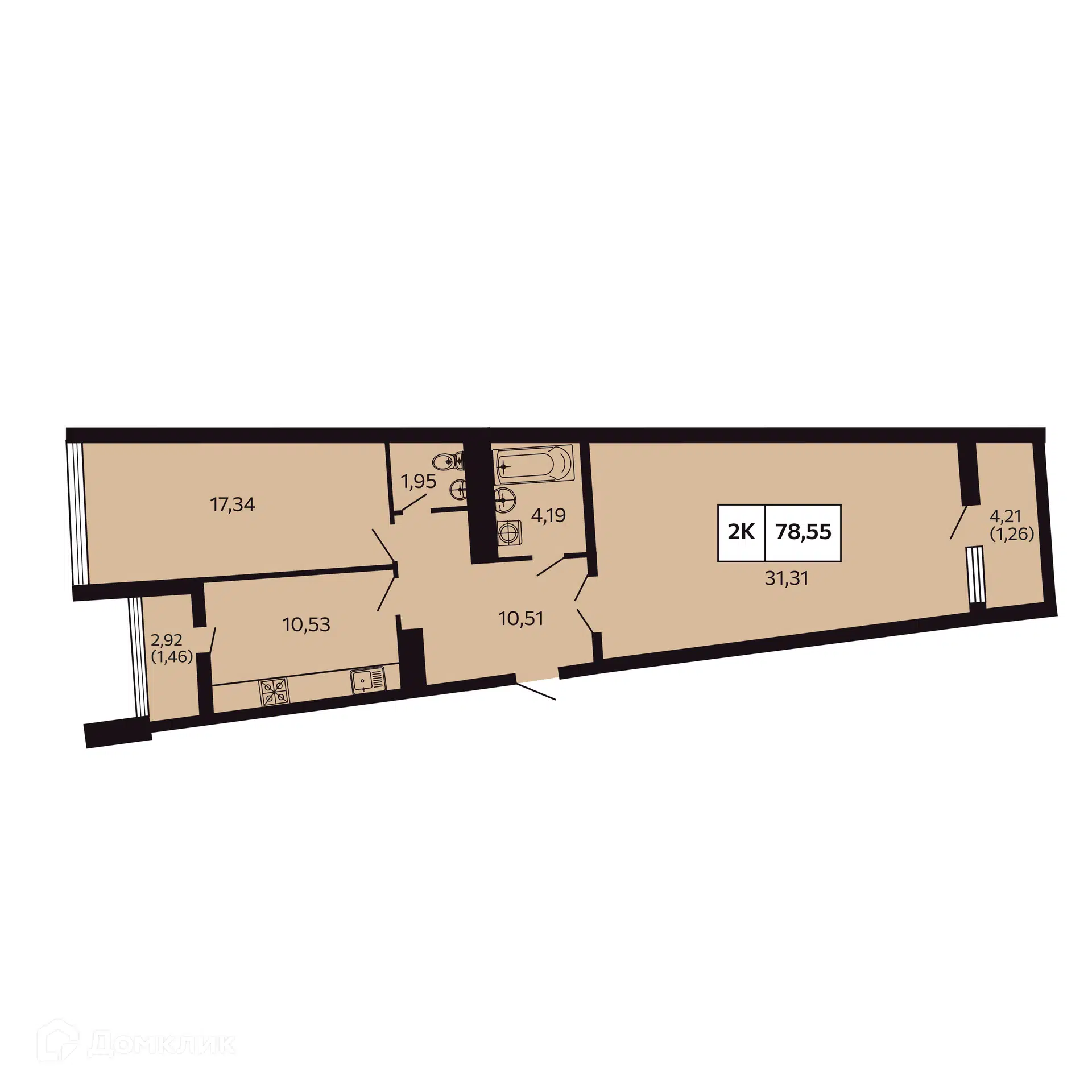 Планировка: 2-комн. квартира 78.56 м² в новостройке Отражение