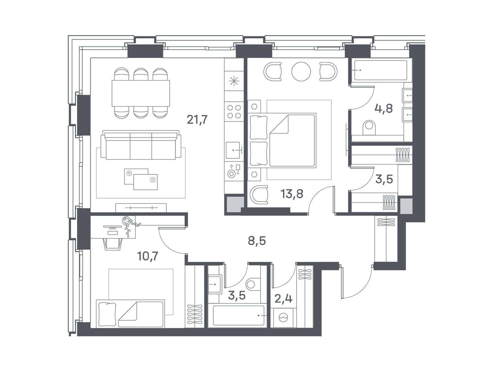 Планировка: 2-комн. квартира 68.90 м² в новостройке Портленд. Дом на берегу