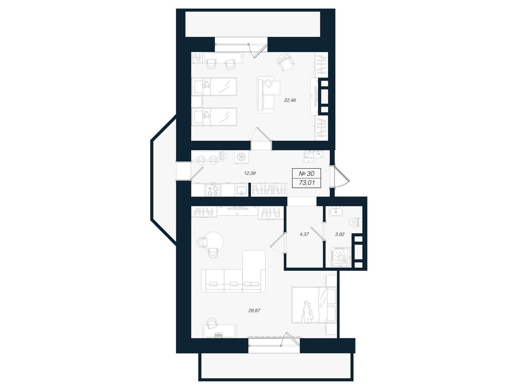 Планировка: 2-комн. квартира 79.86 м² в новостройке Феникс Рощино