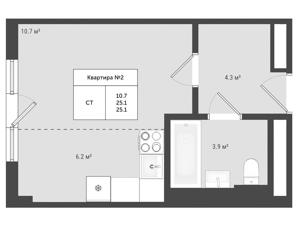Планировка: Студия 25.10 м² в новостройке Яковлево
