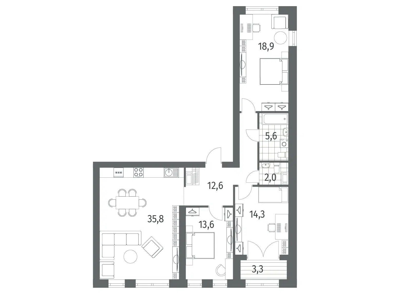 Планировка: 3-комн. квартира 104.50 м² в новостройке Наука
