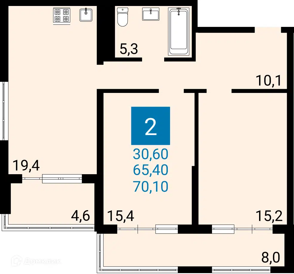 Планировка: 2-комн. квартира 65.40 м² в новостройке Дом по ул Адмирала Пустошкина