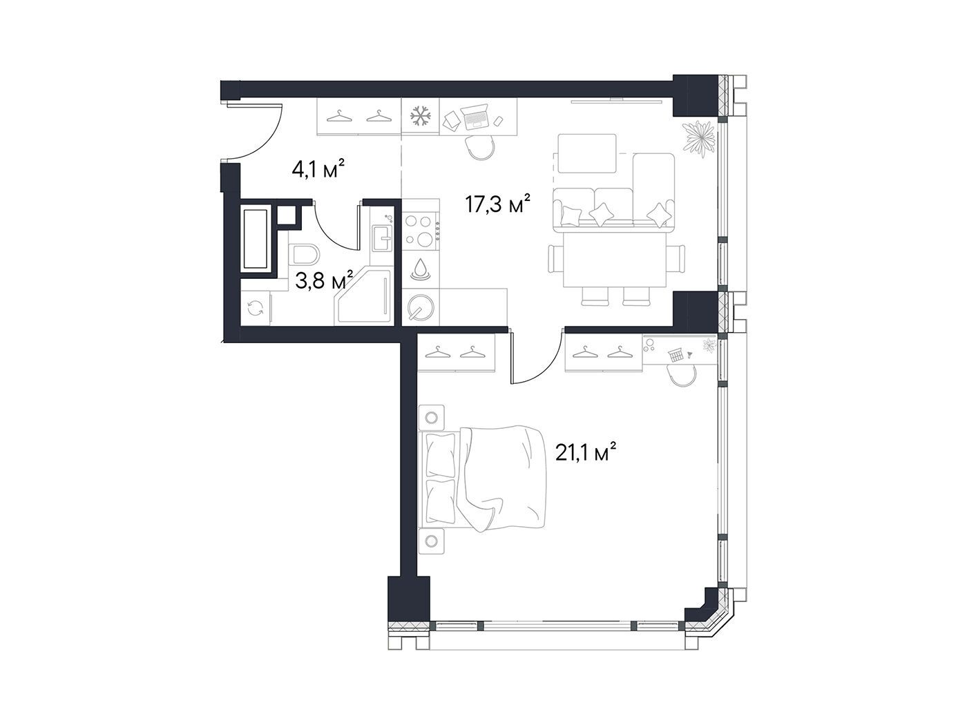 Планировка: 1-комн. квартира 46.30 м² в новостройке Первый Нагатинский