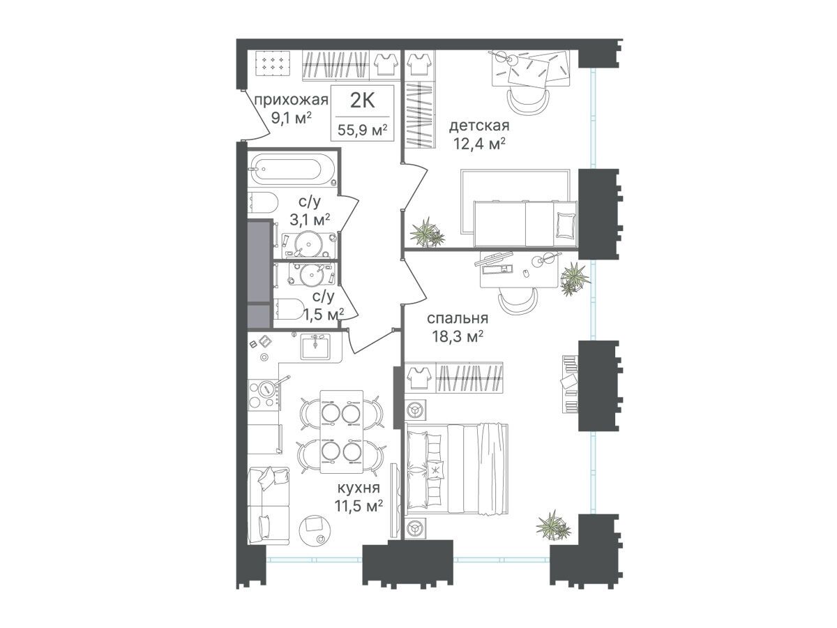 Планировка: 2-комн. квартира 55.90 м² в новостройке Варшавские ворота