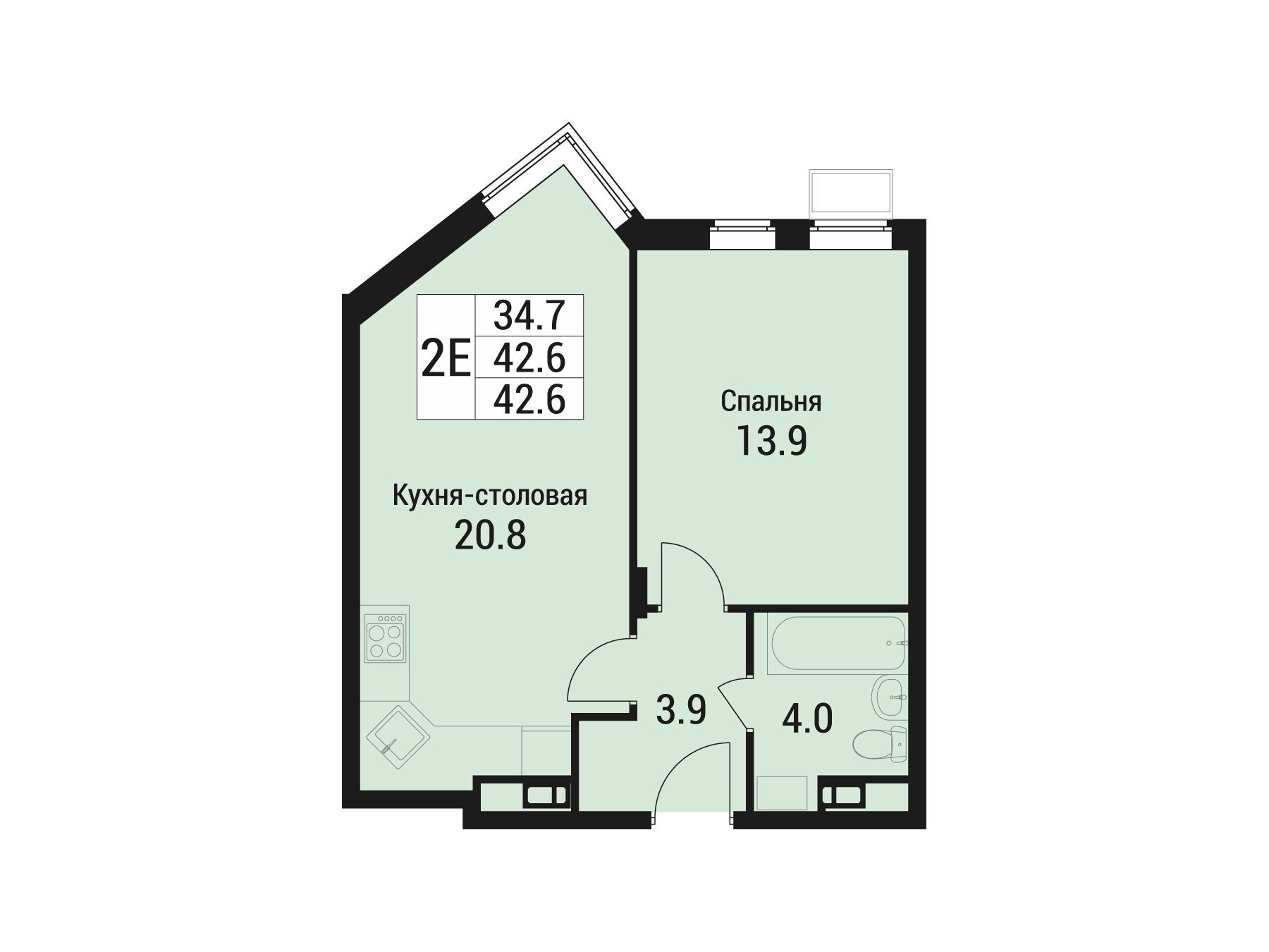 Планировка: 2-комн. квартира 42.60 м² в новостройке Дом в Малаховке