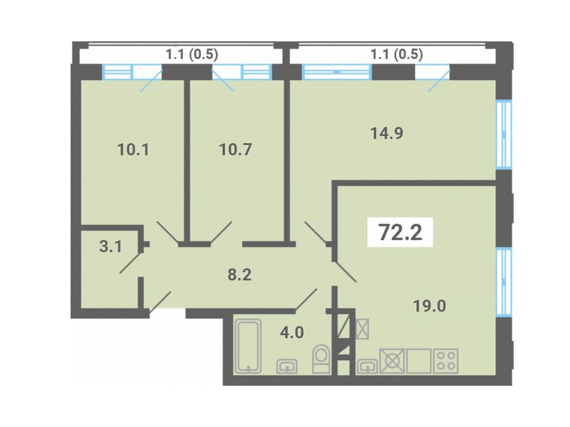 Планировка: 3-комн. квартира 72.20 м² в новостройке Южная долина