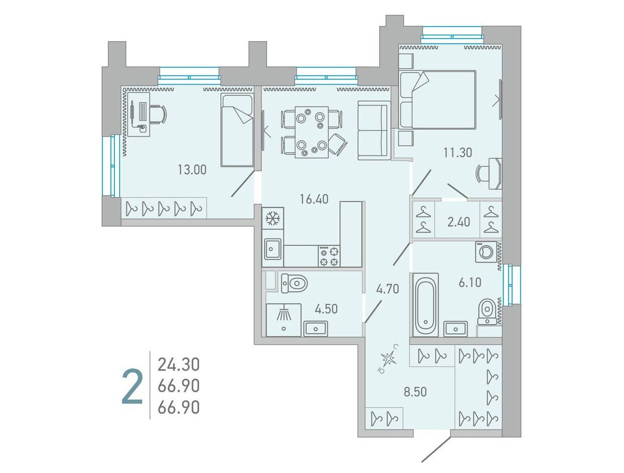 Планировка: 2-комн. квартира 67.10 м² в новостройке Лово