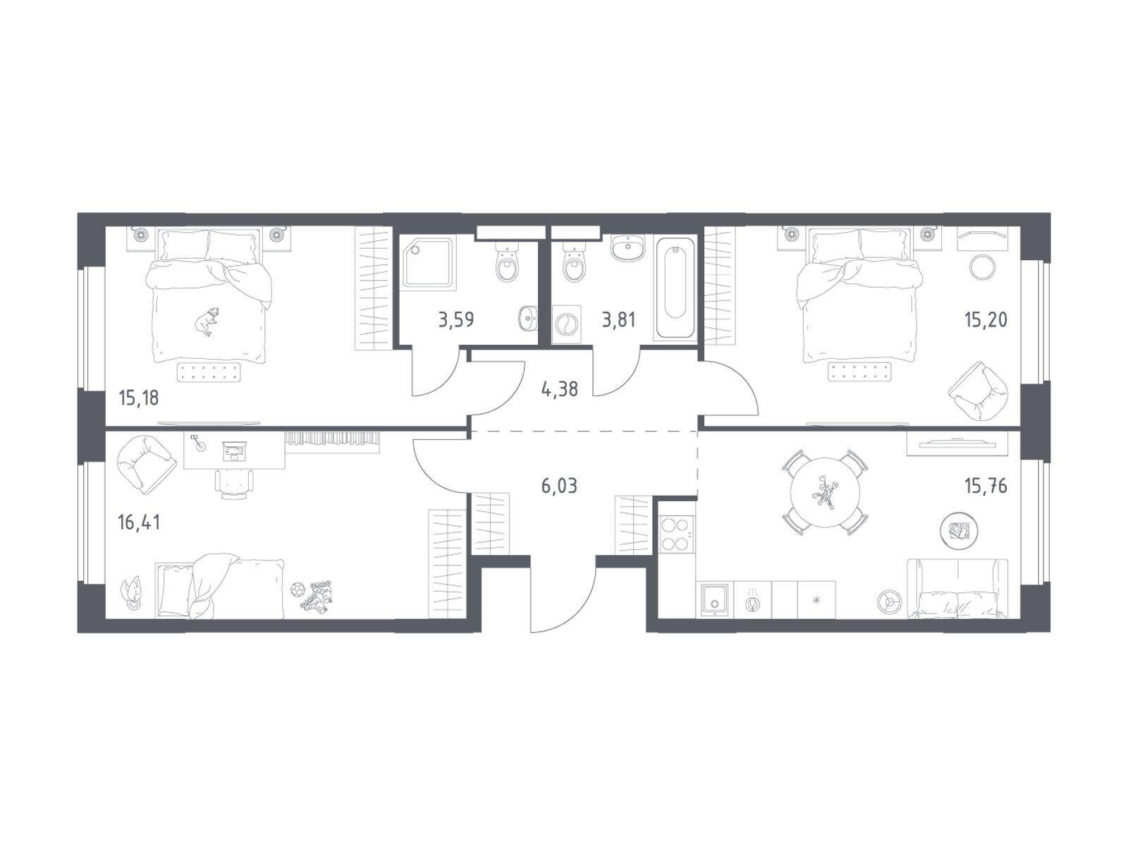 Планировка: 3-комн. квартира 80.36 м² в новостройке Большое Юрлово