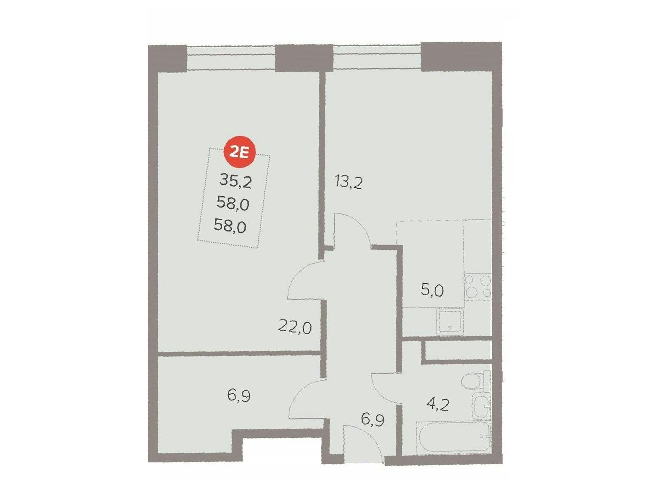 Планировка: 2-комн. квартира 58.40 м² в новостройке Отлично