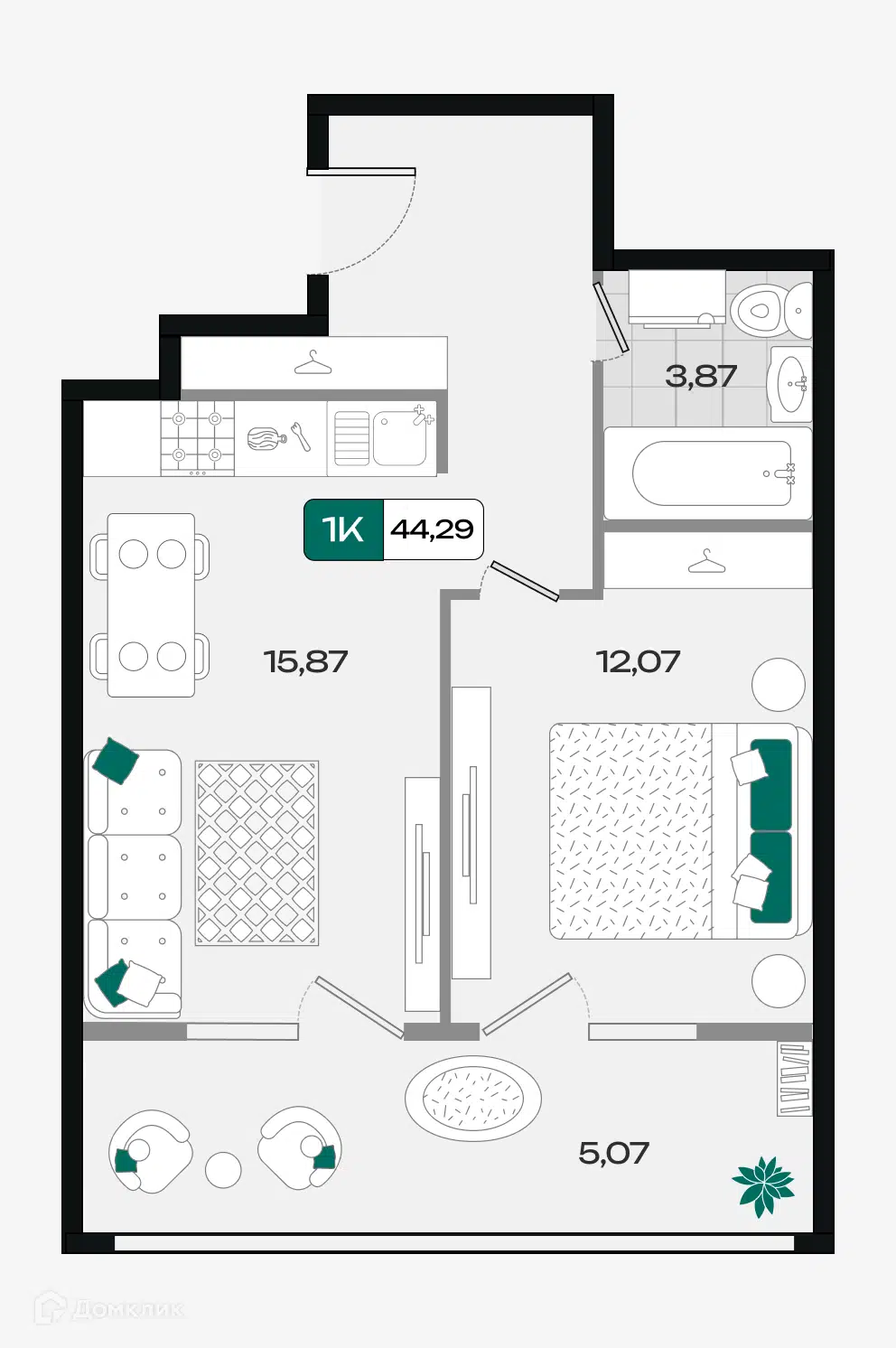 Планировка: 1-комн. квартира 44.02 м² в новостройке Народные Кварталы