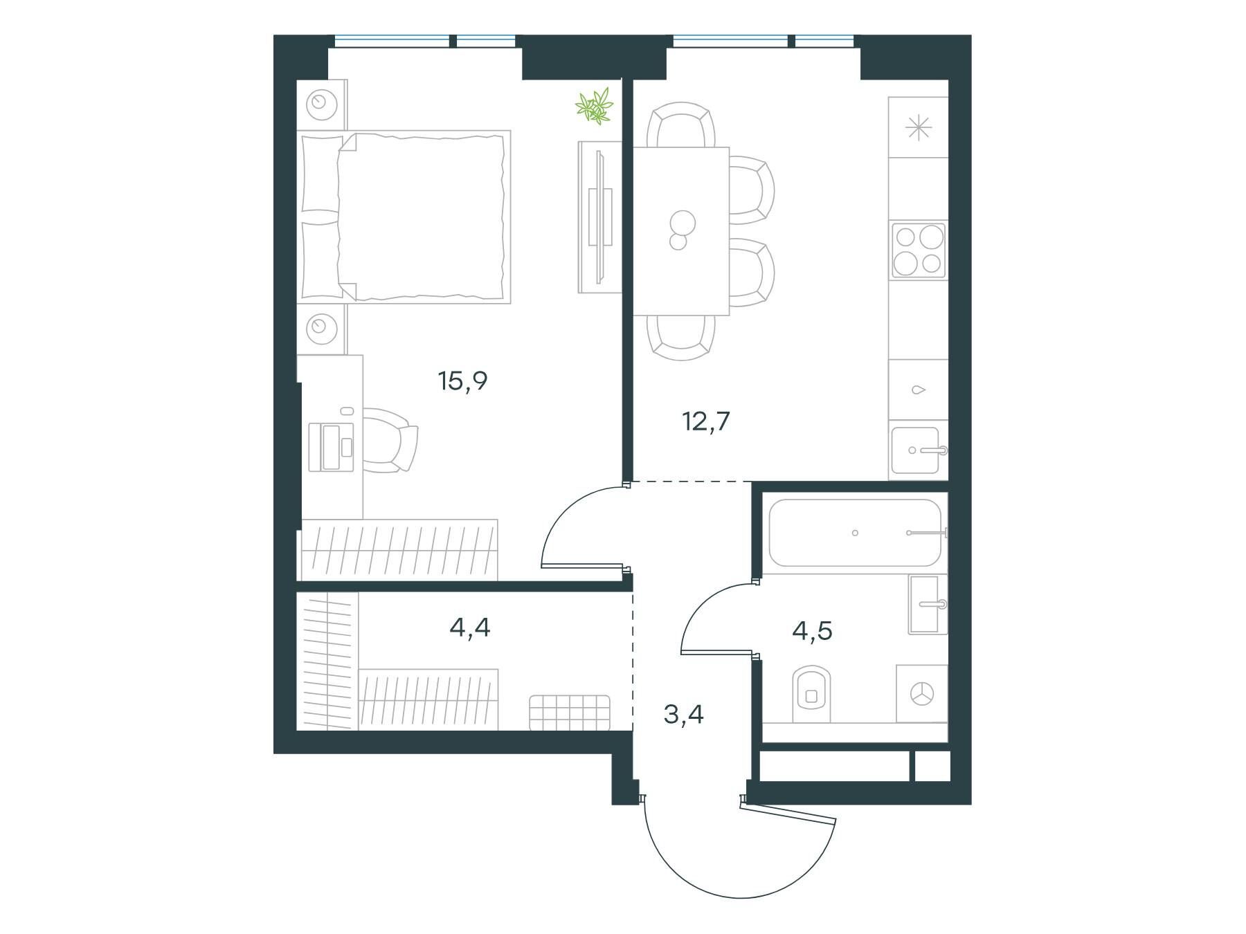 Планировка: 1-комн. квартира 40.90 м² в новостройке Левел Войковская