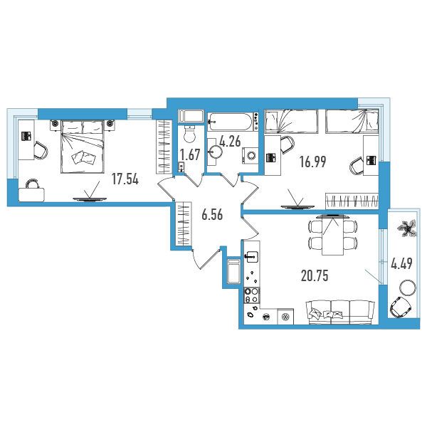 Планировка: 2-комн. квартира 70.02 м² в новостройке ЖК Искра Сити