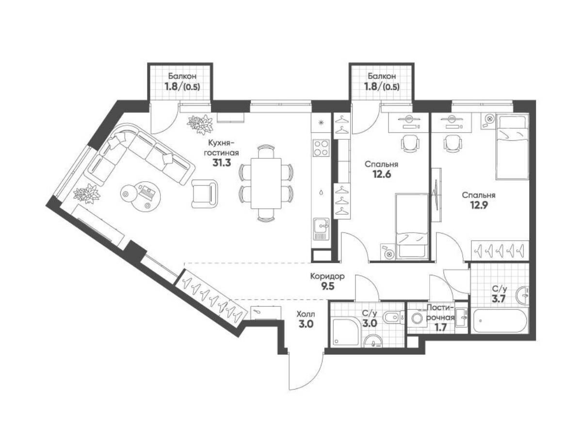 Планировка: 3-комн. квартира 78.70 м² в новостройке ЖК Соколинн Парк