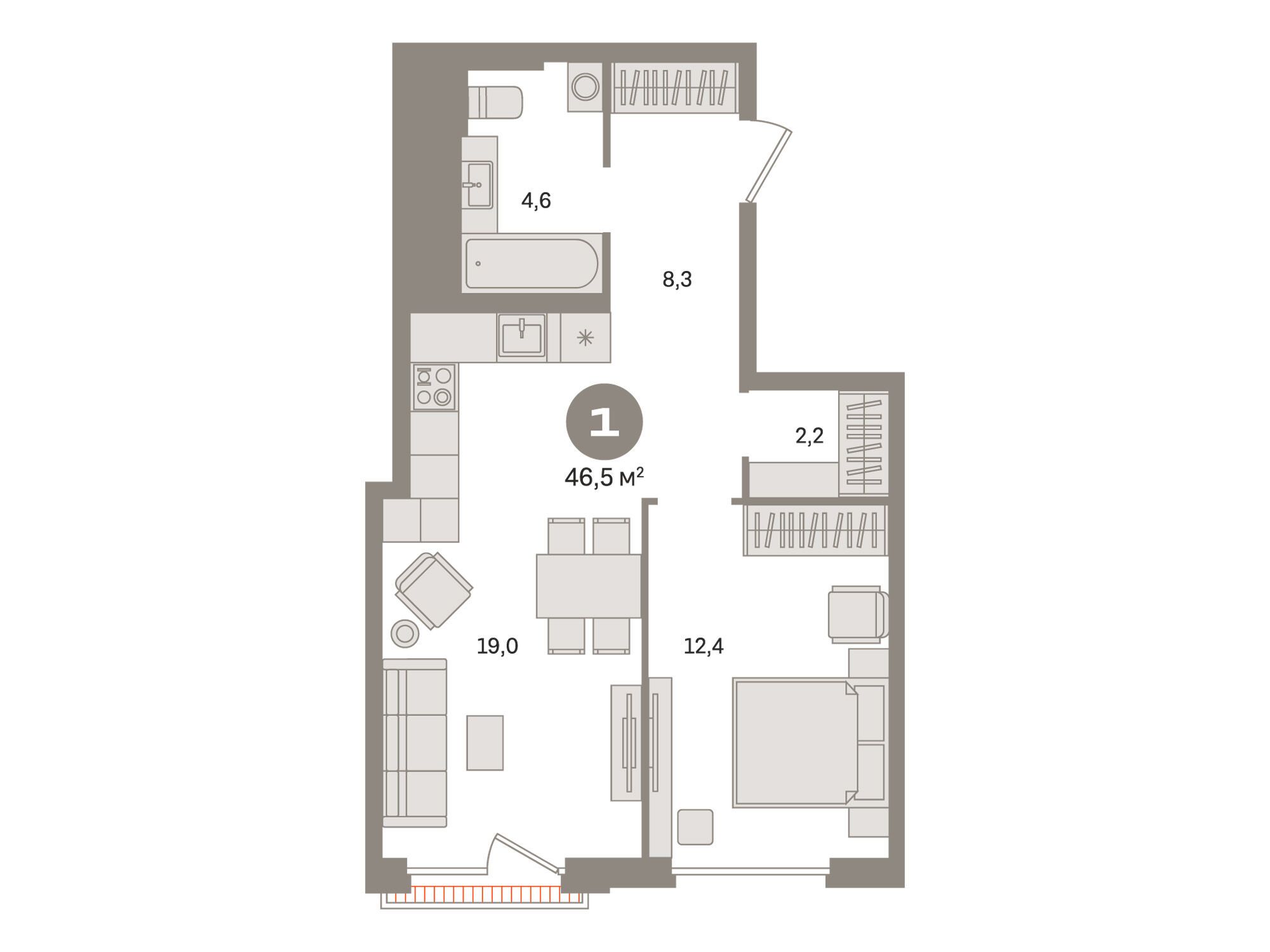 Планировка: 1-комн. квартира 46.50 м² в новостройке Квартал Герцена