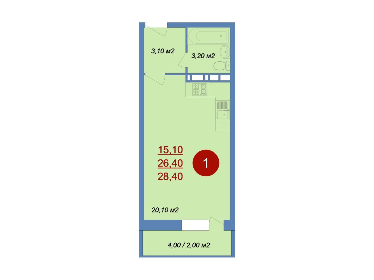 Планировка: Студия 28.40 м² в новостройке Новые Островцы