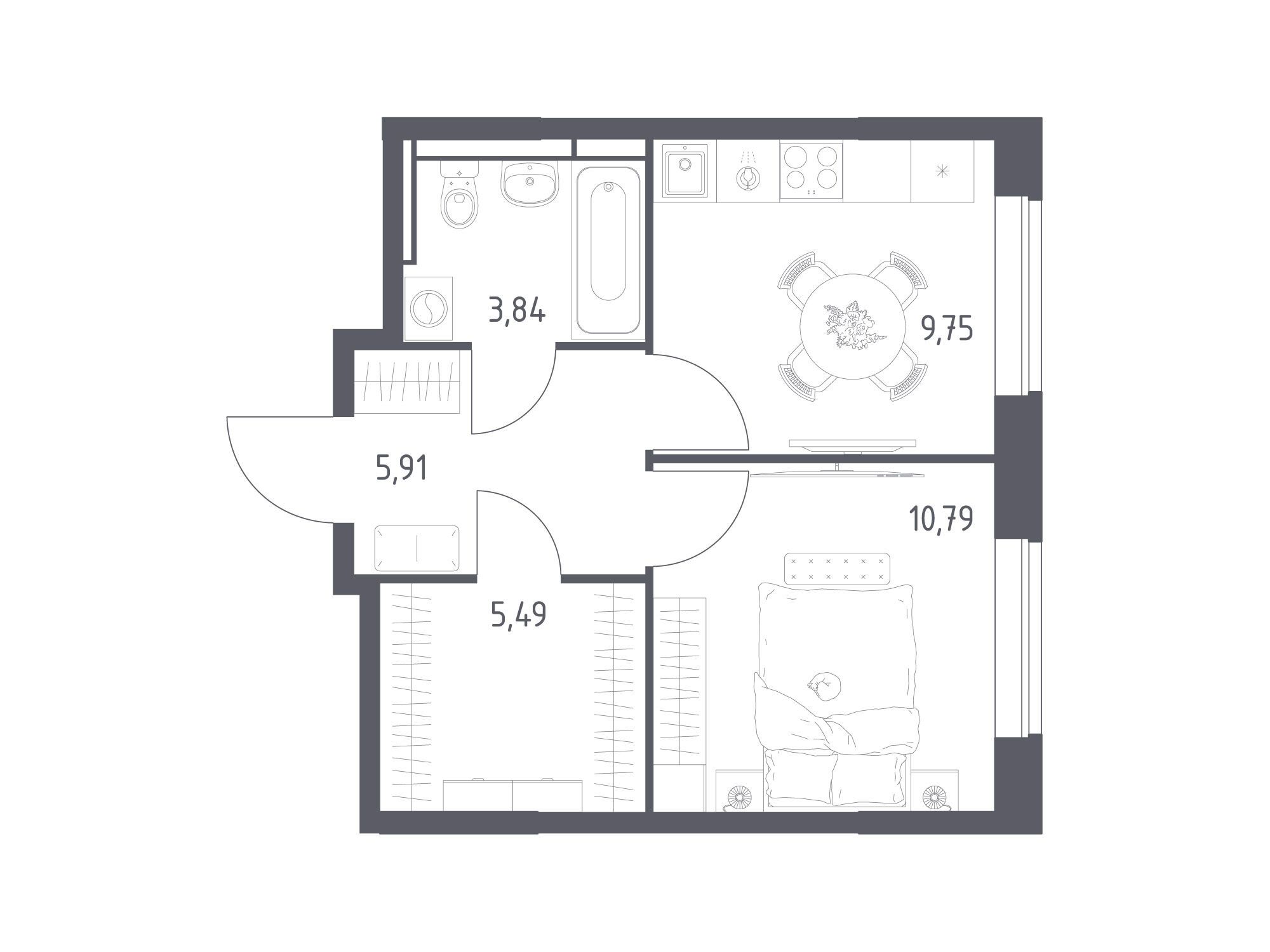 Планировка: 1-комн. квартира 35.78 м² в новостройке Богдановский Лес