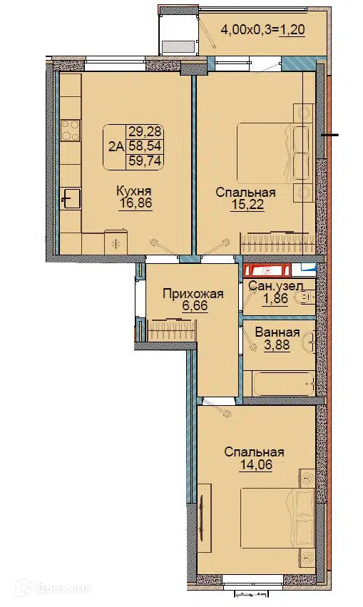 Планировка: 2-комн. квартира 59.74 м² в новостройке Репин-Парк
