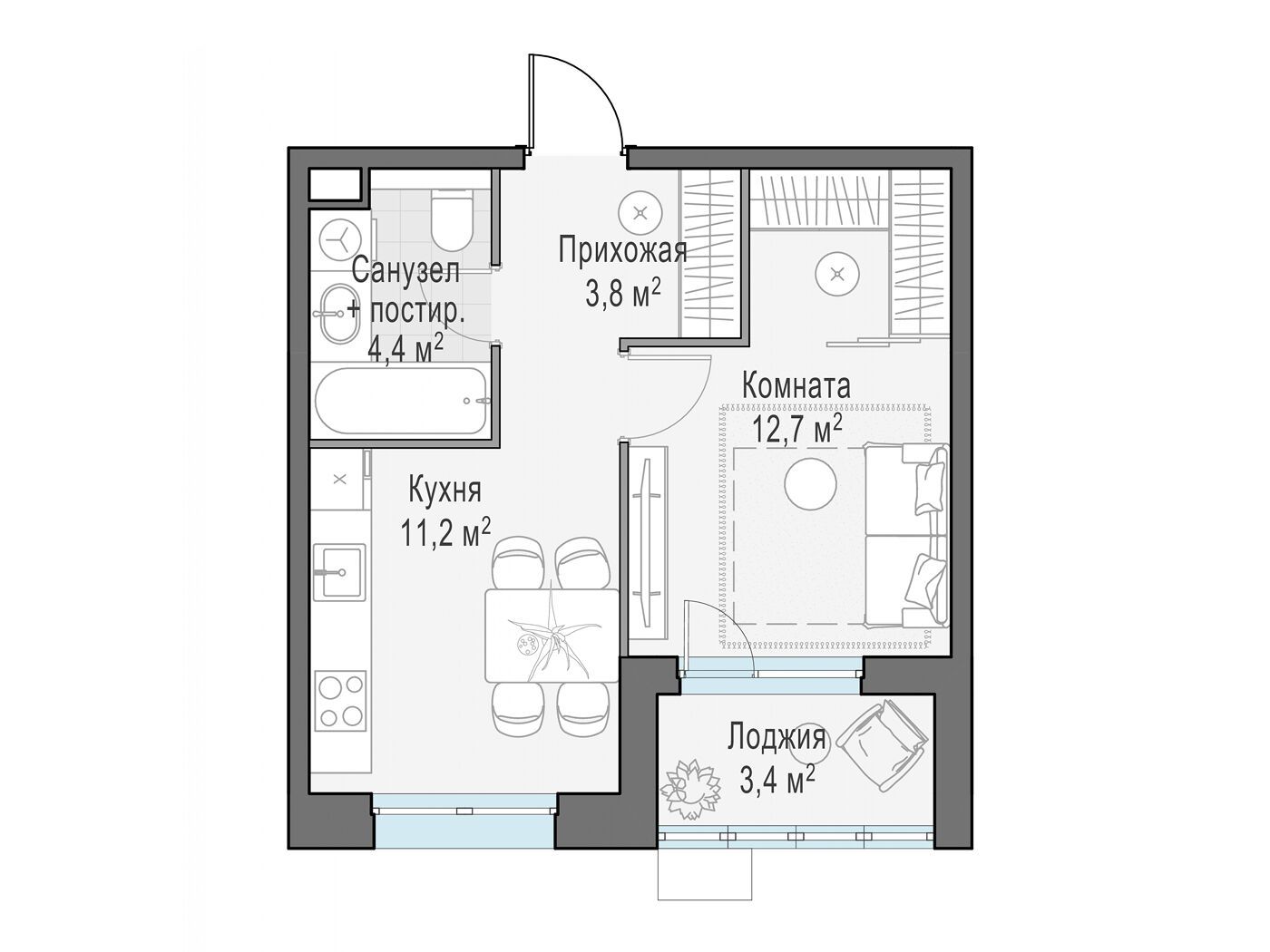 Планировка: 1-комн. квартира 32.10 м² в новостройке ЖК Новое Пушкино