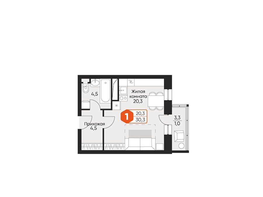 Планировка: Студия 28.80 м² в новостройке Идеал